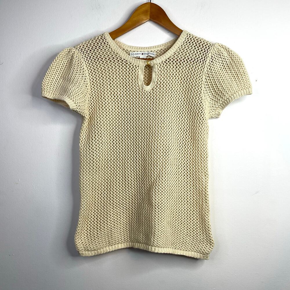 Vintage Y2K Tommy Hilfiger Sheer Crochet Knit Short Puff Sleeve Sweater Cream L